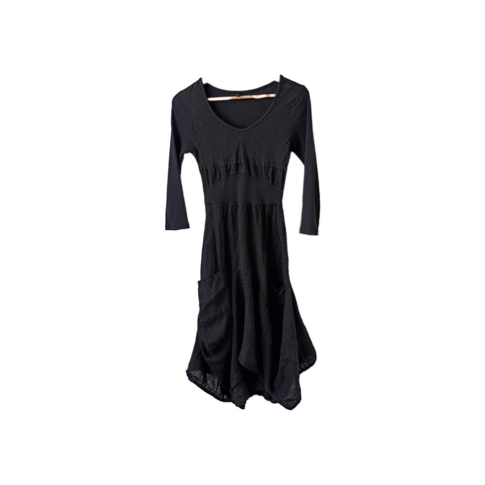 INIZIO Italian Lagenlook black Linen & Knit Fit & Parachute Midi Dress S Pockets